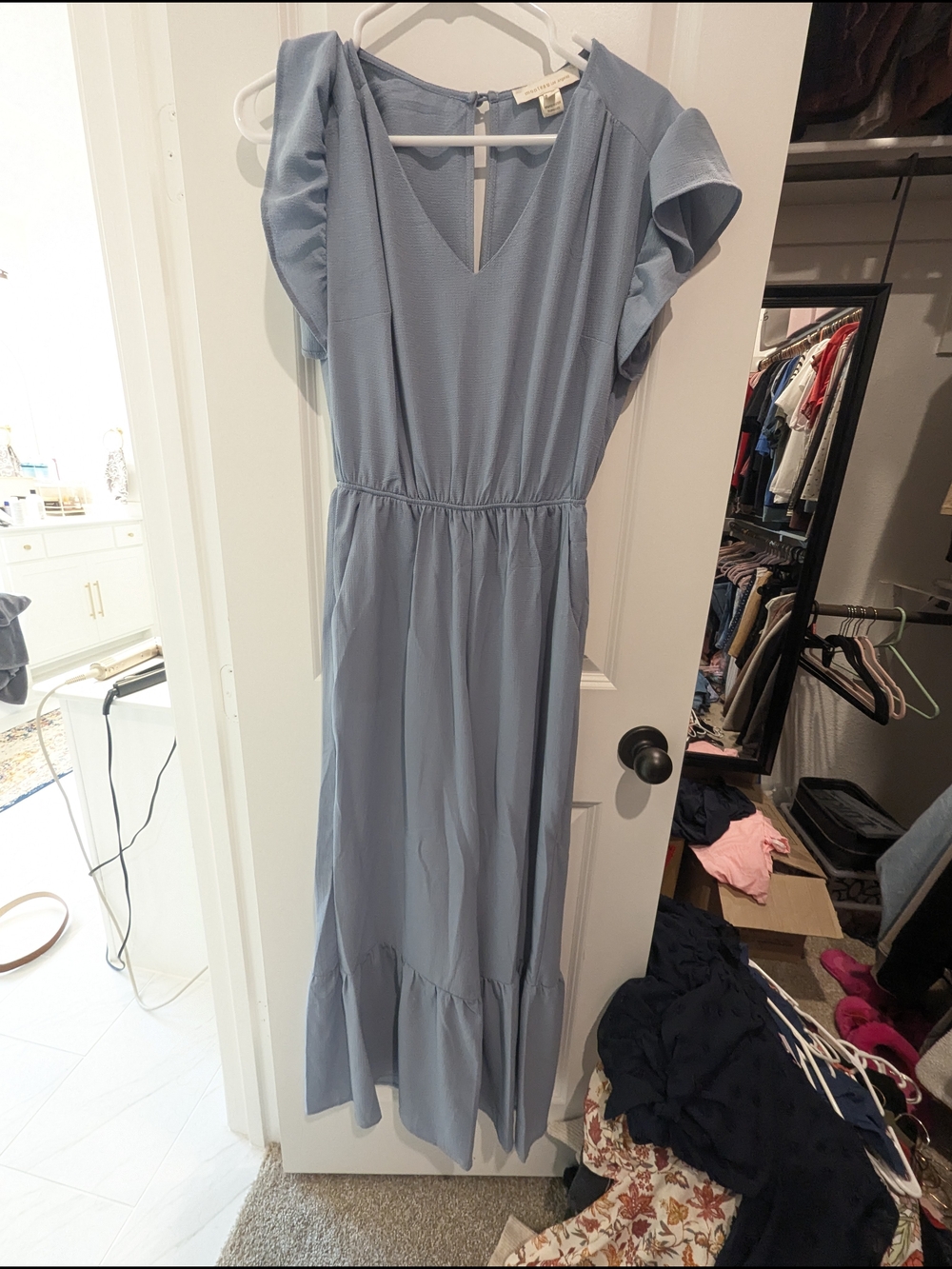 Light Blue V-Neck Jumpsuit with Flutter Sleeves